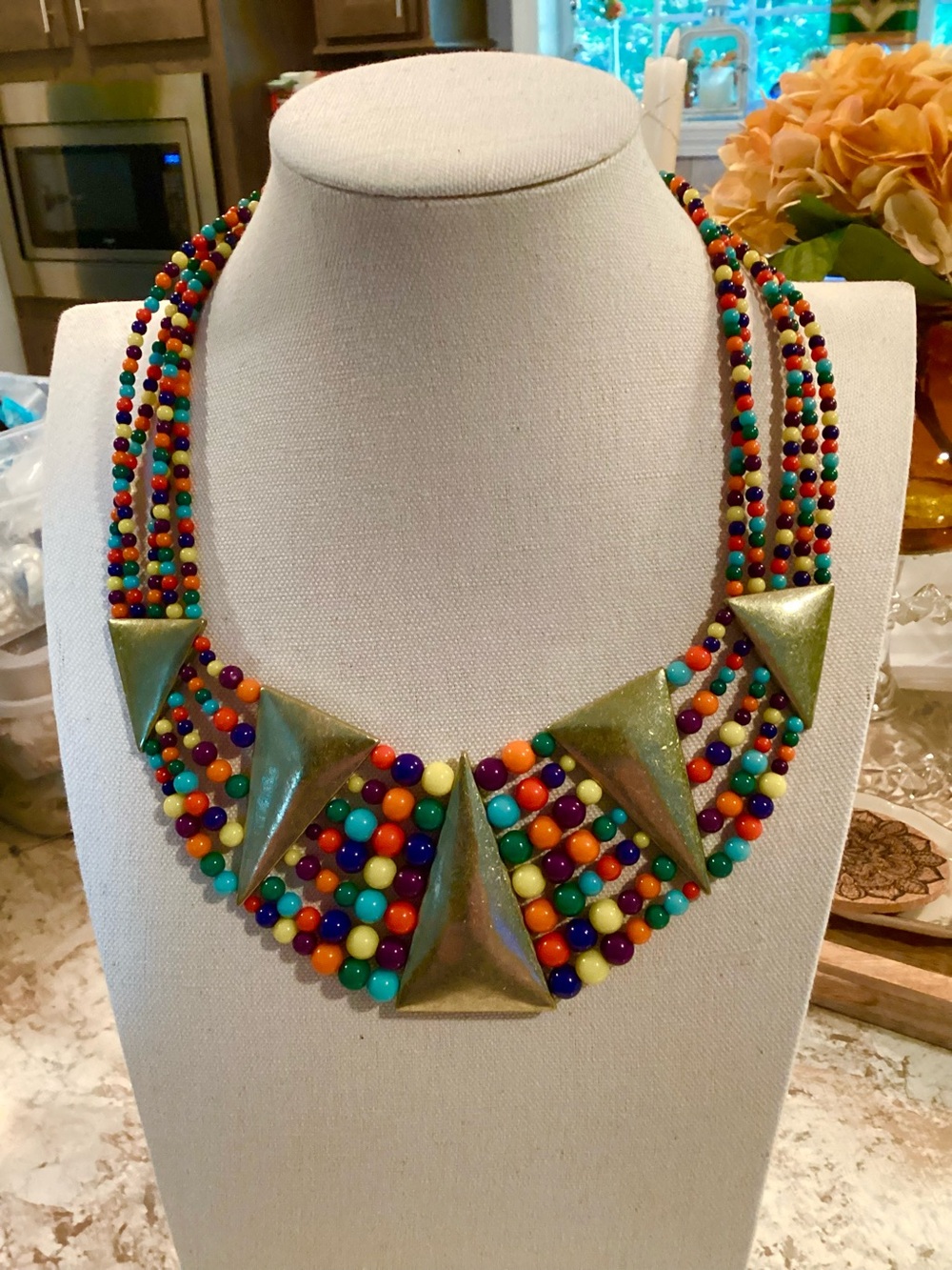 Multicolor Beaded Boho Statement Necklace with Gold Accents